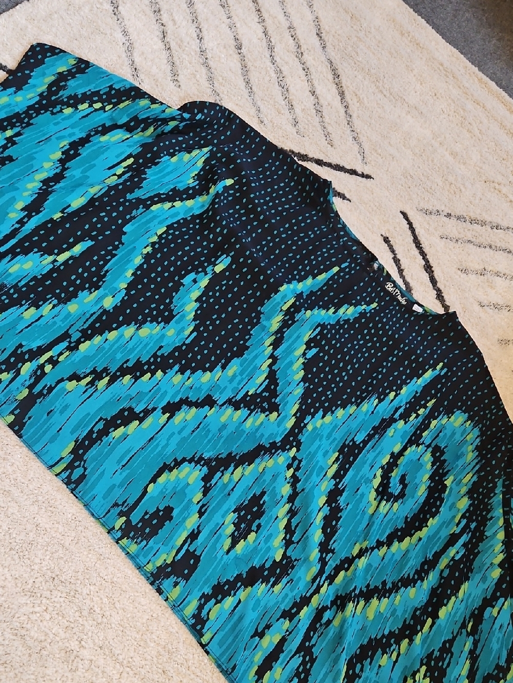 Bob Mackie Black Top with Teal and Lime Brushstroke Motif